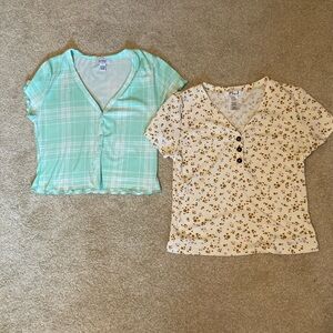 Two comfy knit tops. Stretchy poly spandex. Excellent condition. Size large